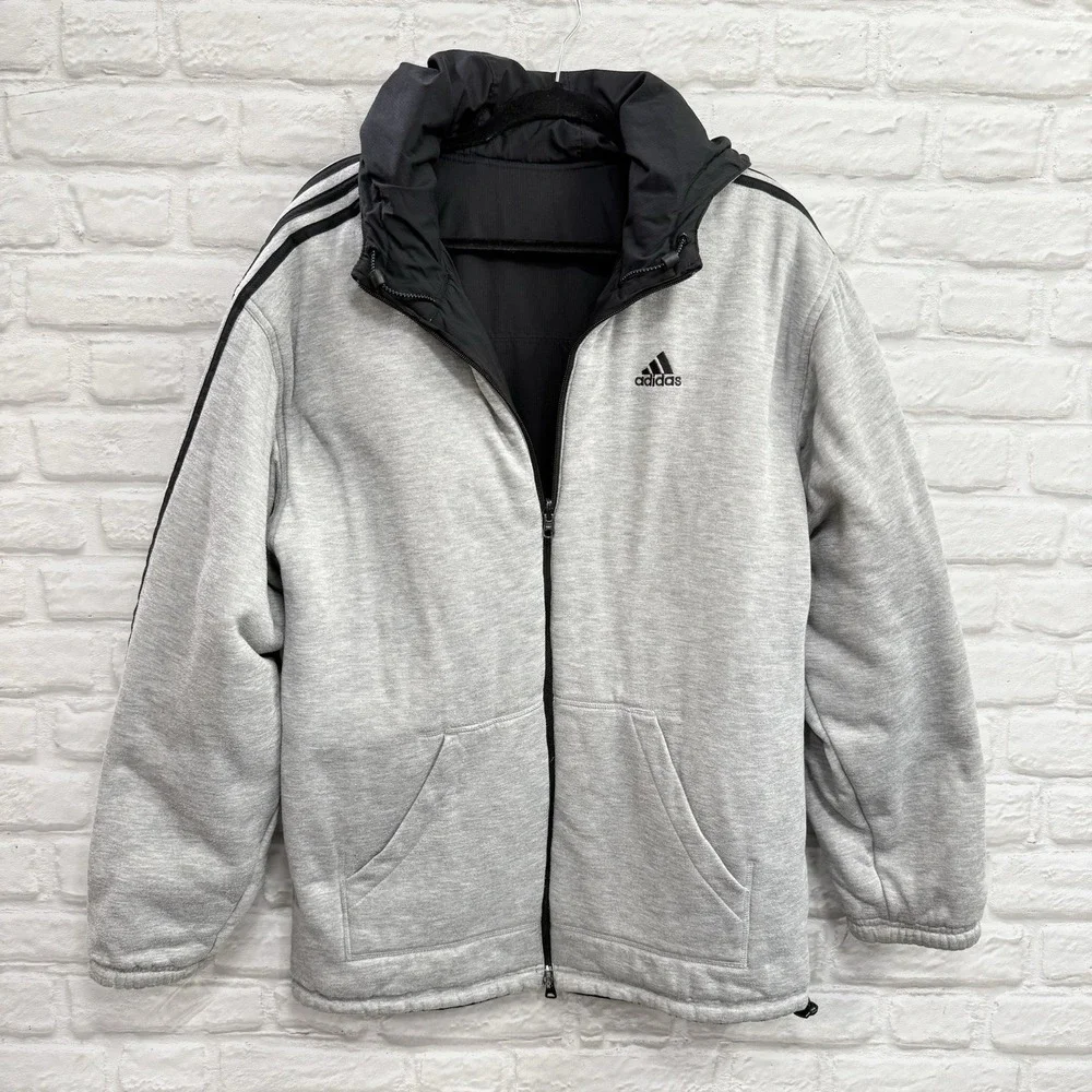 Vtg Adidas Men's M/L Black Gray Reversible Jacket 3 Stripe Logo Hooded Coat 90's